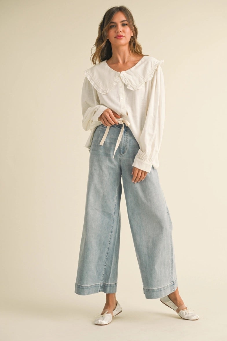 Washed Denim with Tie Front Pants - Miou Muse - P4880 | Salty Skies