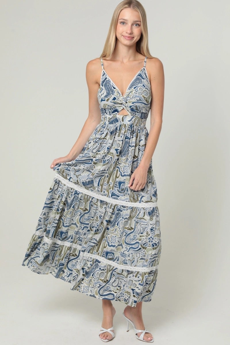 V Neck Twist Front Cut Out Lace Trim Maxi Dress - Angie - F4F48-WA75 (Medium)