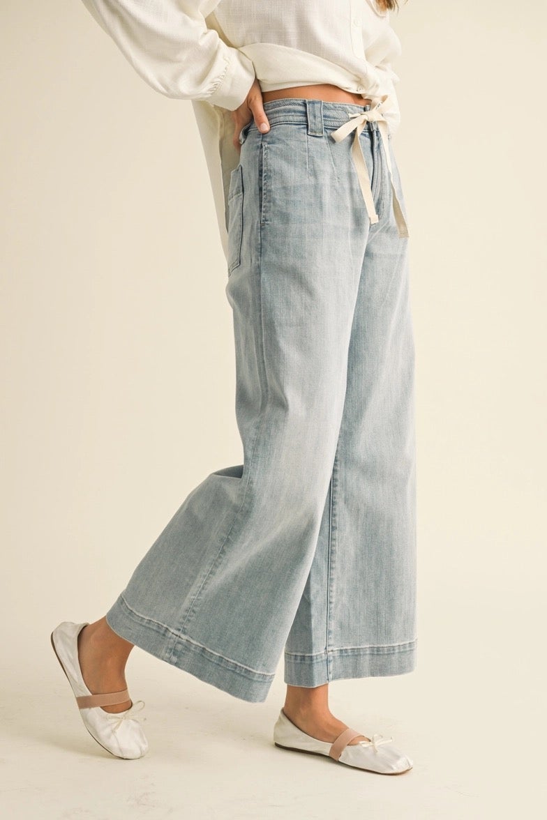 Washed Denim with Tie Front Pants - Miou Muse - P4880 | Salty Skies