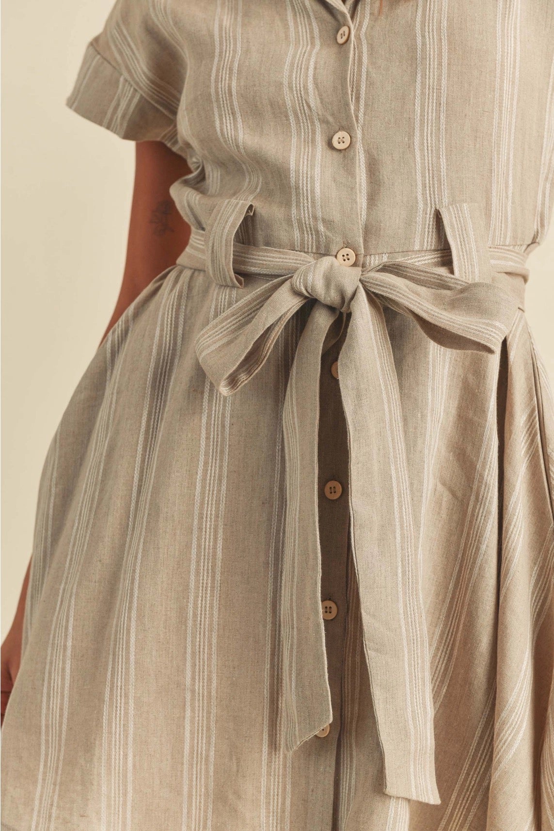 Linen Buttondown Stripe Pattern Shirt Dress - Miou Muse - D2825 (Medium) Linen Buttondown Stripe Pattern Shirt Dress - Miou Muse - D2825 (Medium)
