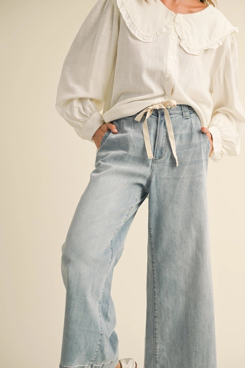 Washed Denim with Tie Front Pants - Miou Muse - P4880 | Salty Skies